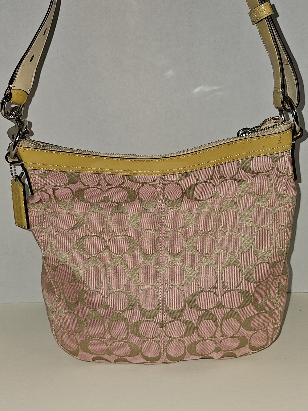 Coach Pink Signature Canvas Shoulder Bag with Yellow Leather Trim - Picture 2 of 6